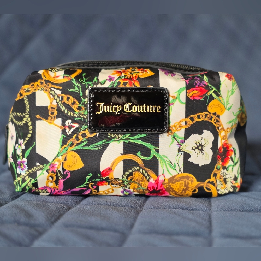 Juicy Couture Black Floral & Gold Chain Cosmetic Pouch